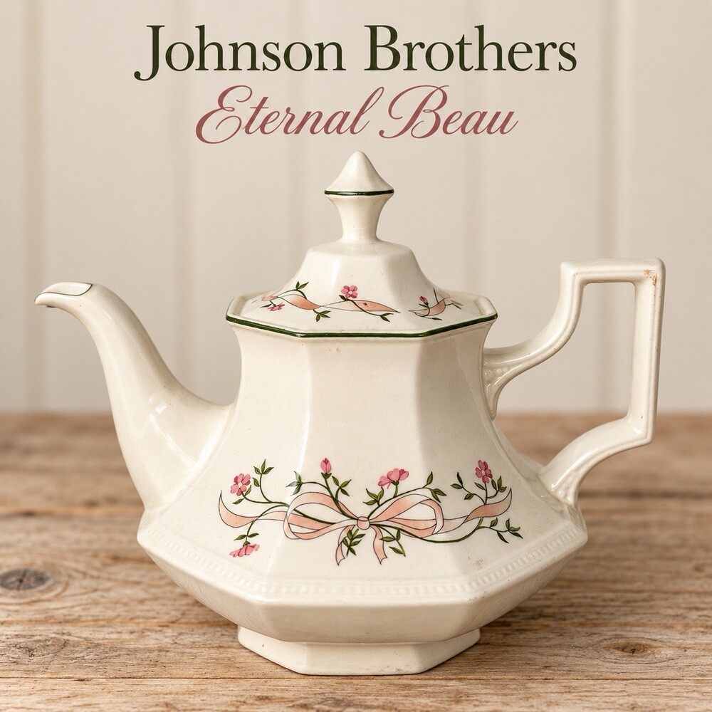 Vintage Johnson Brothers Eternal Beau Teapot With Lid England Pink Floral Bow